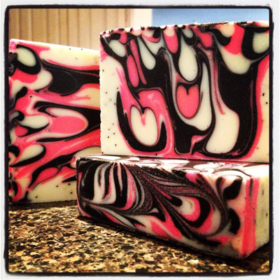 Dragonfruit drop swirl soap by Lisa of Kangaroo Apple Soap Studio