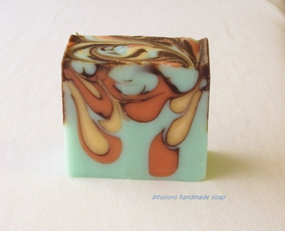 Maya of Infusions Drop Swirl soap with cocoa powder lines